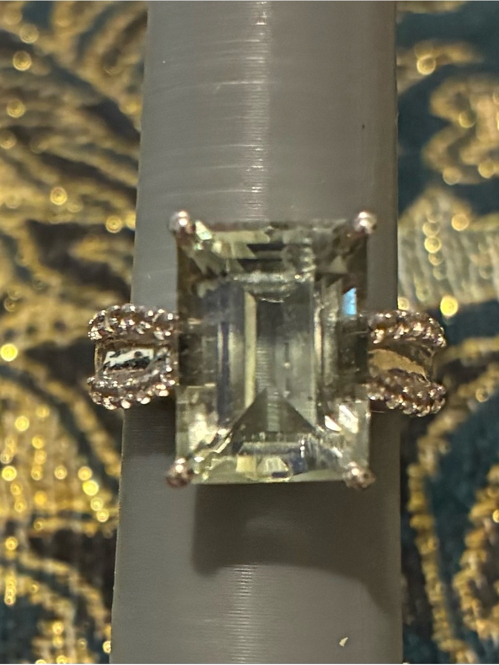 Emerald-Cut Light Green Prasiolite Sterling Silver Ring with Pave Band